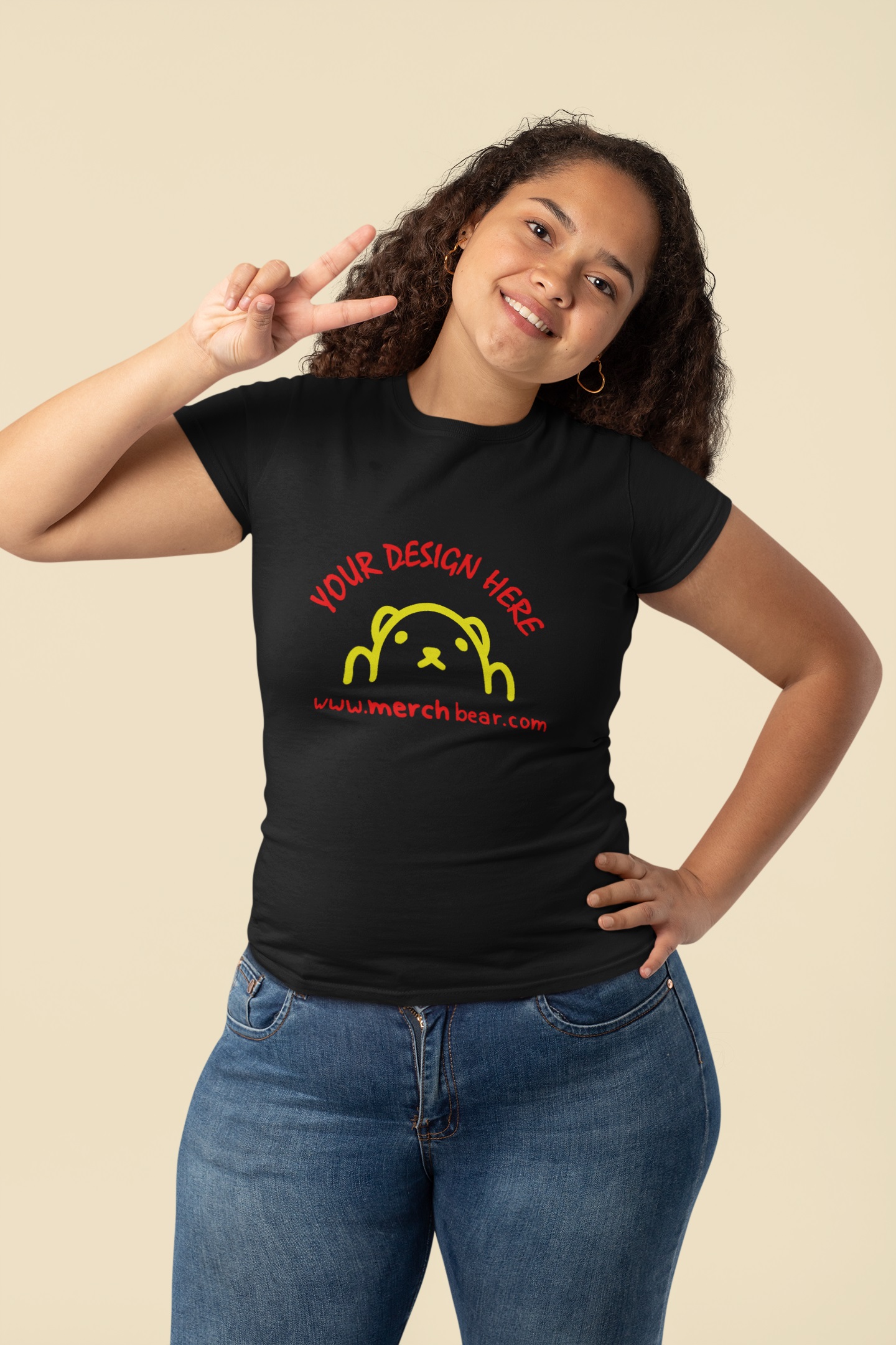 woman wearing black tee with two color print