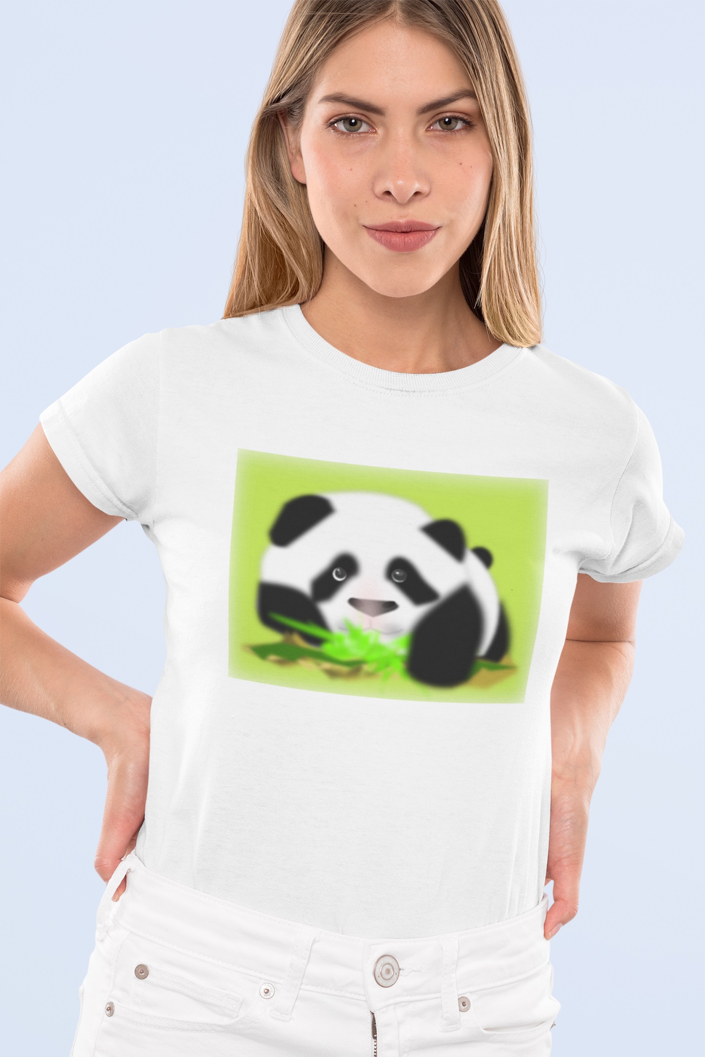 Woman wearing white tee with full color panda graphic on front